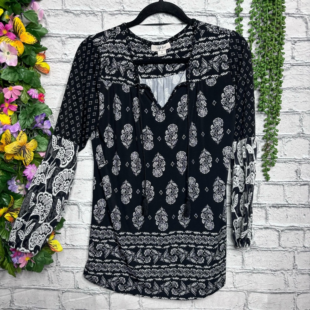 b🌼3/$30🌼Style & Co Black Printed Long Sleeve Blouse Size Small - Picture 6 of 16